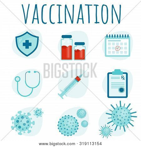 Medical Prescription. Vaccine Bottle. Syringe Recipe Virus. Flat Vector Icon Set. Syringe Recipe Vir