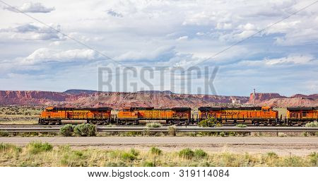 Freight  Bnsf Train, Canyon De Chelly Area, Sunny Spring Day In Chinle, Arizona, Usa.