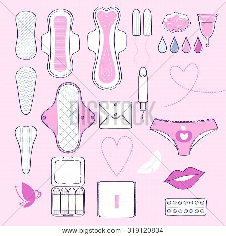 Feminine Hygiene - Sanitary Napkins, Pantyliners And Tampons Icon Set. Women Menstrual Period Illust