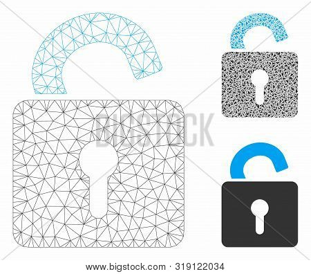 Mesh Open Lock Model With Triangle Mosaic Icon. Wire Carcass Triangular Mesh Of Open Lock. Vector Co