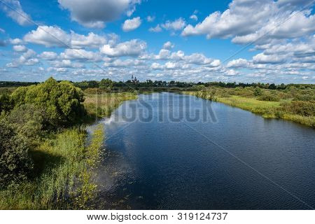 Summer Rural Landscape With The Lukh River In The Village Of Myt, Russia.
