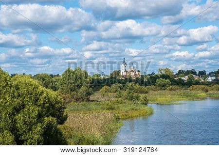 Summer Rural Landscape With The Lukh River In The Village Of Myt, Russia.