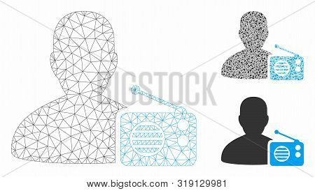 Mesh Radio Dictor Model With Triangle Mosaic Icon. Wire Carcass Polygonal Mesh Of Radio Dictor. Vect