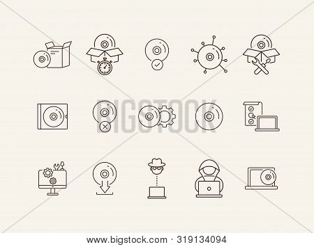 Cd Line Icons. Set Of Line Icons. Hacker, Cd Installation, Download From Cd. Data Storage Concept. V