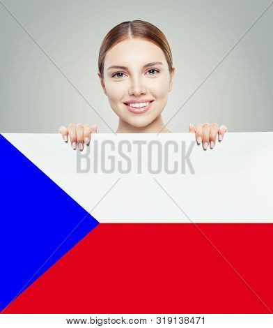 Travel In Czech Republic And Learn Czech Language. Beautiful Student Swow The Czech Republic Flag Ba