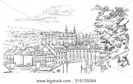 Vector Hand Drawing Illustration Of Panoramic Cityscape Of Prague. Strahov Monastery And Roofs Of Pr