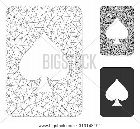 Mesh Spades Gambling Card Model With Triangle Mosaic Icon. Wire Carcass Triangular Mesh Of Spades Ga