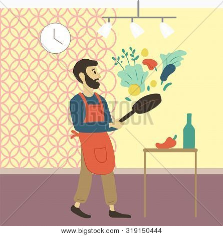 Man At Home Cooking Lunch Vector, Male Preparing Dinner From Veggies With Help Of Pan. Preparation F