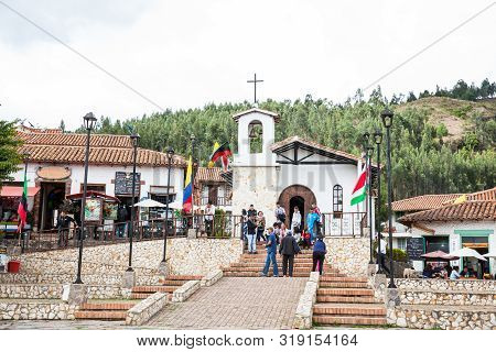 Duitama, Colombia - August, 2019: Tourists Visiting The Beautiful Touristic Place Called Pueblito Bo