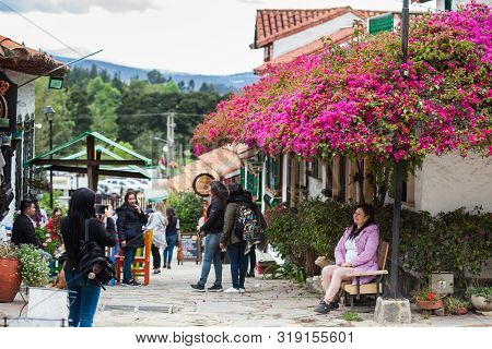 Duitama, Colombia - August, 2019: Tourists Visiting The Beautiful Touristic Place Called Pueblito Bo