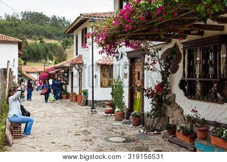 Duitama, Colombia - August, 2019: Tourists Visiting The Beautiful Touristic Place Called Pueblito Bo