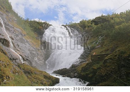 Kjosfossen Waterfall. One Of Norway's Largest Waterfalls