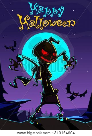 Halloween Cartoon Scary Pumpkin Head Scarecrow Jack O Lantern Illustration