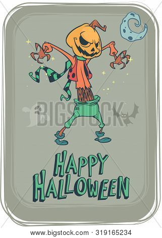 Halloween Scary Pumpkin Head Scarecrow Cartoon Illustration