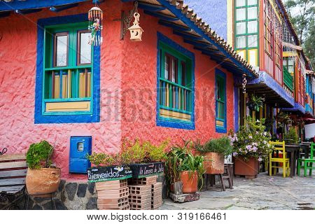 Duitama, Colombia - August, 2019: Beautiful Facades Of The Houses At The Touristic Place Called Pueb