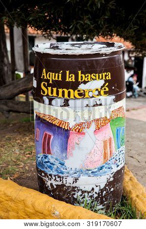 Duitama, Colombia - August, 2019: Colorful Trash Can At The Beautiful Touristic Place Called Pueblit