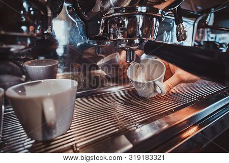 Process Of Coffee Making Using Coffee Machine At Restaurant By Talanted Barista.