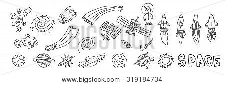 Informational Flyer Hand Drawn Set Space Objects. Different Types Missiles For Flight. Satellites To