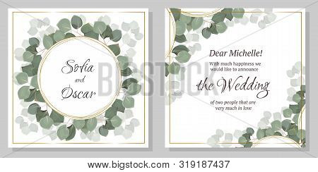 Template For A Wedding Invitation. Green Eucalyptus, Round Golden Frame.