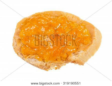 Top View Of Open Sandwich With Fresh Bread And Apricot Jelly Isolated On White Background