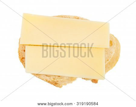 Top View Of Open Sandwich With Fresh Bread And Two Slices Of Cheese Isolated On White Background