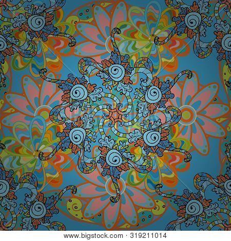 Spiritual And Ritual Symbol Of Islam, Arabic, Indian Religions. Mandala On Blue, Orange And Green Co