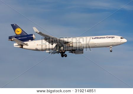 Frankfurt / Germany - December 8, 2012: Lufthansa Cargo Md-11 D-alce Cargo Plane Landing At Frankfur