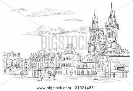 Vector Hand Drawing Illustration. Cityscape Of Old Town Square And Tyn Church. 
Landmark Of Prague, 