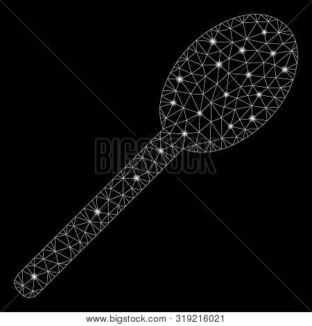 Glowing Mesh Spoon With Glow Effect. Abstract Illuminated Model Of Spoon Icon. Shiny Wire Frame Tria