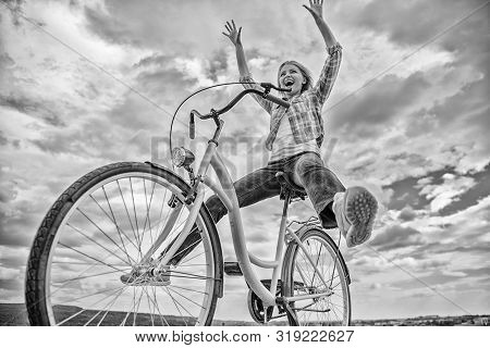 Freedom And Delight. Woman Feels Free While Enjoy Cycling. Most Satisfying Form Of Self Transportati