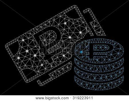 Glossy Mesh Rouble Cash With Sparkle Effect. Abstract Illuminated Model Of Rouble Cash Icon. Shiny W