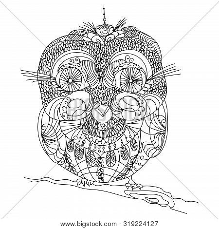 Hand Drawn Owl. Linear Bird Pattern For Coloring. Black And White Graphics, Isolated Vector Illustra