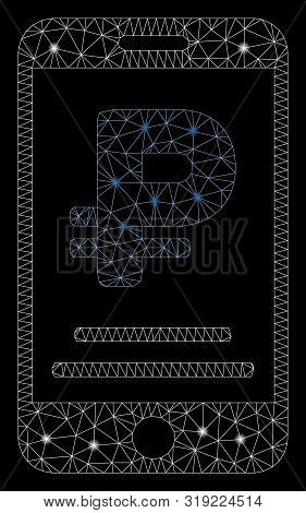 Flare Mesh Rouble Mobile Payment With Sparkle Effect. Abstract Illuminated Model Of Rouble Mobile Pa