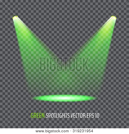 Glowing Green Spotlights. Pair Of Illumination Stage Lights. Vector Illustration For Your Graphic De