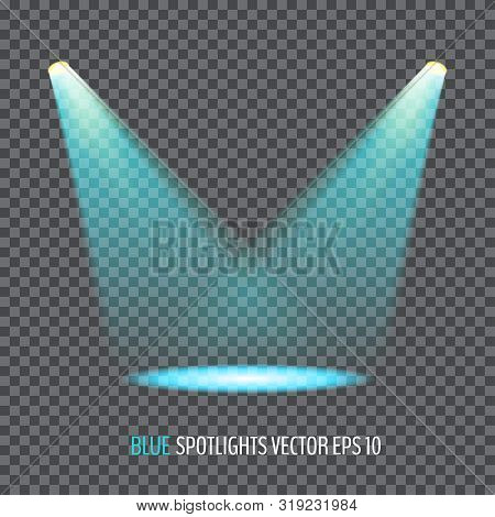 Glowing Blue Spotlights. Pair Of Illumination Stage Lights. Vector Illustration For Your Graphic Des