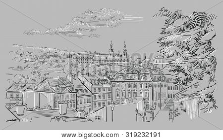 Vector Hand Drawing Illustration Of Panoramic Cityscape Of Prague. Strahov Monastery And Roofs Of Pr