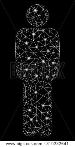 Glowing Mesh Standing Man With Sparkle Effect. Abstract Illuminated Model Of Standing Man Icon. Shin