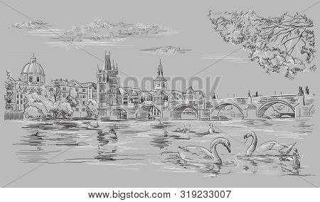 Vector Hand Drawing Illustration Cityscape Of Charles Bridge And Swans In Vltava River In Prague. La