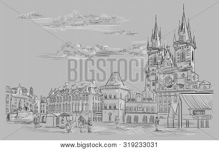 Vector Hand Drawing Illustration. Cityscape Of Old Town Square And Tyn Church. 
Landmark Of Prague, 