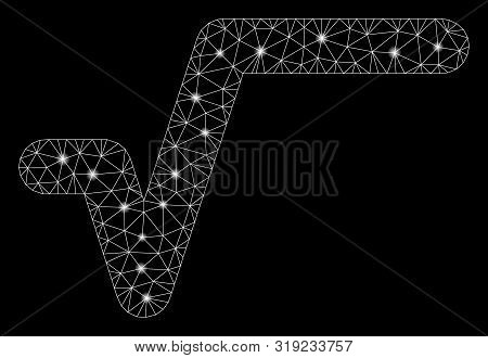 Flare Mesh Sqrt With Sparkle Effect. Abstract Illuminated Model Of Sqrt Icon. Shiny Wire Carcass Pol