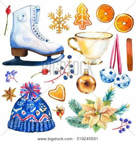 Christmas Watercolor Illustration In Picturesque Style. Holiday Set With Poinsettia, Bell, Skates, O