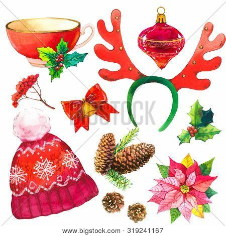 Christmas Watercolor Illustration In Picturesque Style. Holiday Set With Ribbon, Poinsettia, Cone, B