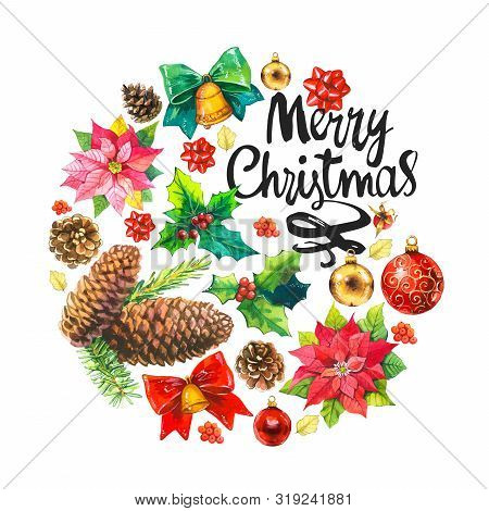 Christmas Watercolor Circle Illustration In Picturesque Style. Holiday Set With Ribbon, Cone, Poinse