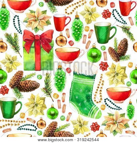Christmas Watercolor Illustration In Picturesque Style. Holiday Seamless Pattern With Ribbon, Poinse