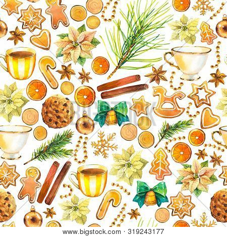 Christmas Watercolor Illustration In Picturesque Style. Holiday Seamless Pattern With Ribbon, Poinse