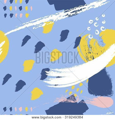 Cyan Brush Stokes Seamless Pattern Vector Background. Abstract Ornament.