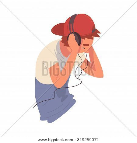 Guy Wearing Headhones Listening To Music And Dancing, Boy Using Smartphone Or Audio Player Vector Il