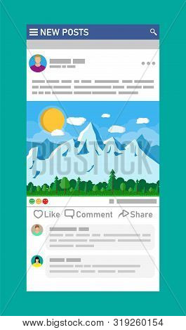 Social Network Interface Template. News Post Frames Pages On Mobile Device. Users Comment On Photo. 
