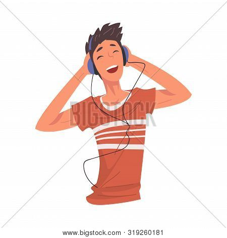 Teenager Boy Listening To Music With Headhones, Guy Using Smartphone Or Audio Player Vector Illustra