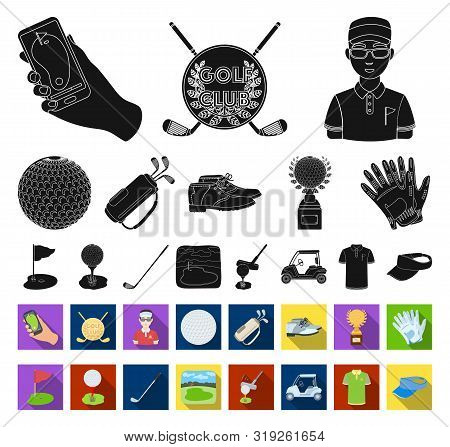 Golf And Attributes Black, Flat Icons In Set Collection For Design.golf Club And Equipment Bitmap Sy